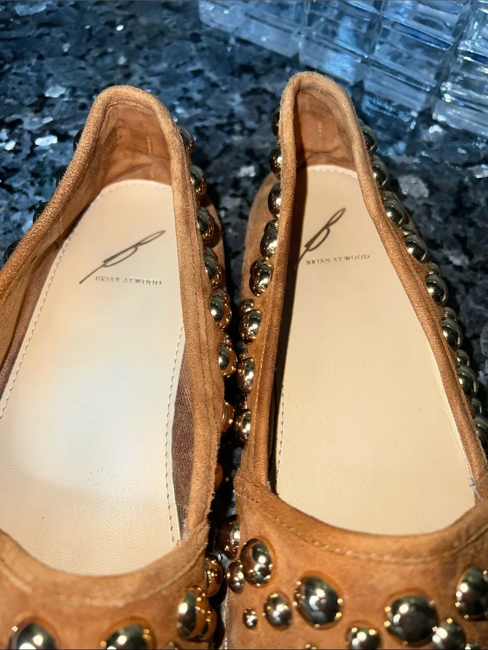 Brian Atwood Sz 8 B-Eli Tan Suede Espadrille Slip On Flats w/Goldtone Grommets